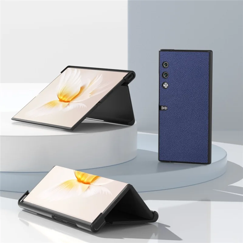 For Honor V Purse Case Genuine Cow Leather Coated PC Litchi Texture Back Phone Cover - Blue