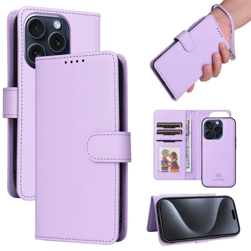 Custodia magnetica per iPhone 15 Pro BETOPNICE, cover rimovibile in pelle PU con cinturino - Viola