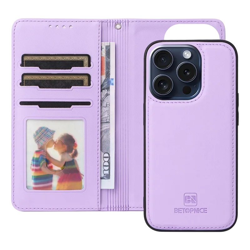 Custodia magnetica per iPhone 15 Pro BETOPNICE, cover rimovibile in pelle PU con cinturino - Viola