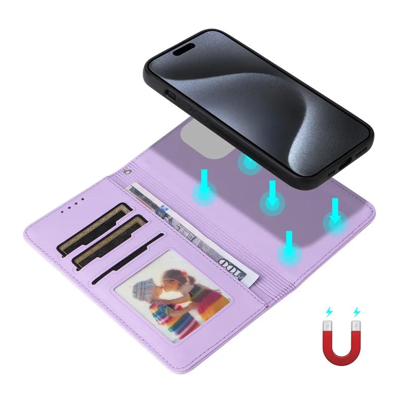 Custodia magnetica per iPhone 15 Pro BETOPNICE, cover rimovibile in pelle PU con cinturino - Viola