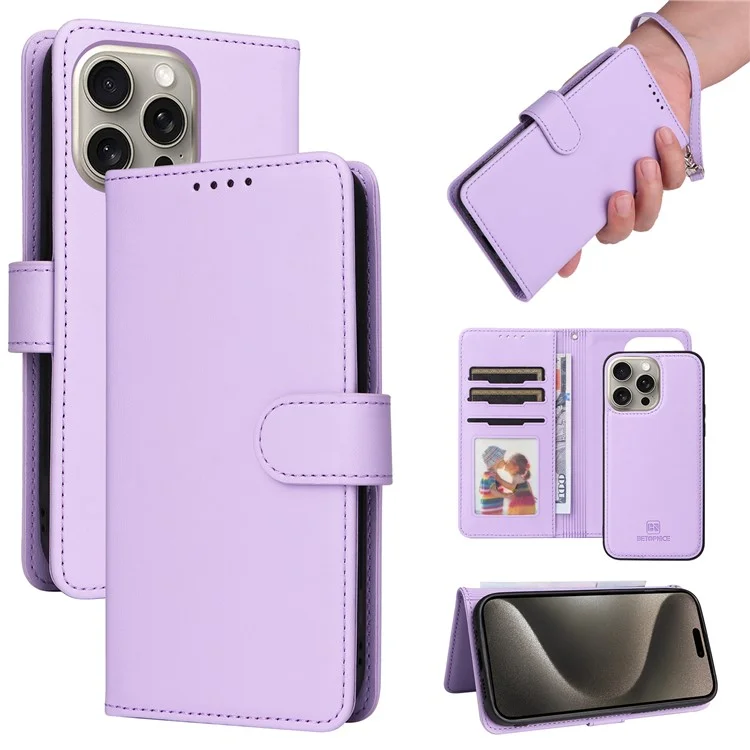 For iPhone 15 Pro Max Magnetic Case BETOPNICE Detachable PU Leather Phone Cover with Strap - Purple