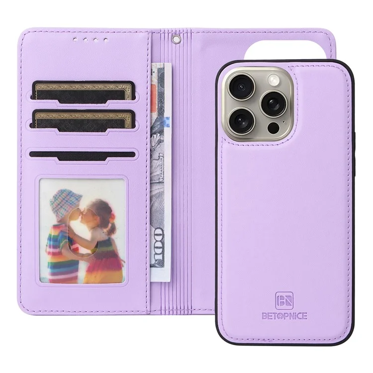 For iPhone 15 Pro Max Magnetic Case BETOPNICE Detachable PU Leather Phone Cover with Strap - Purple