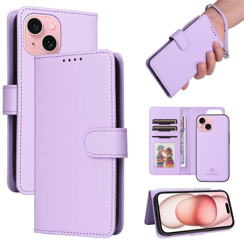 For iPhone 15 Magnetic Case BETOPNICE Detachable PU Leather Phone Cover with Strap - Purple