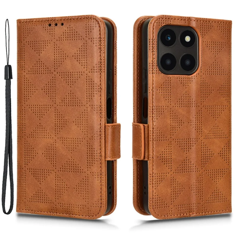 For Honor X6a 4G Case Imprinted Triangle Stand PU Leather Phone Cover - Brown