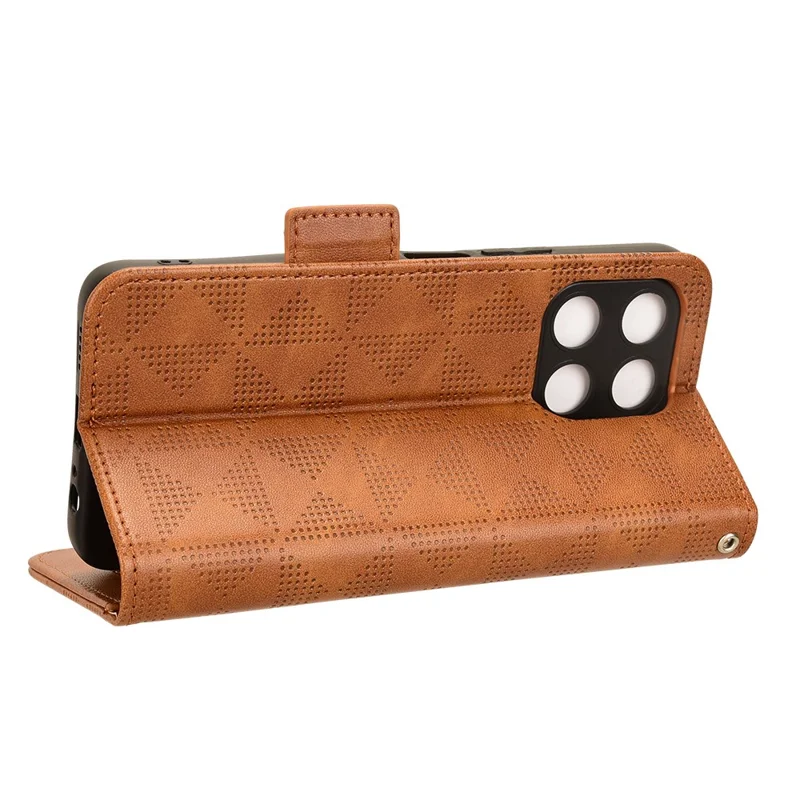 For Honor X6a 4G Case Imprinted Triangle Stand PU Leather Phone Cover - Brown
