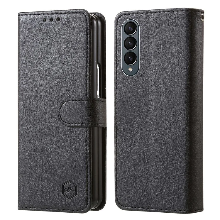 Para Samsung Galaxy Z Fold4 5G Case PU Leather Shockproof Case Solid Color Wallet Phone Cover - Black