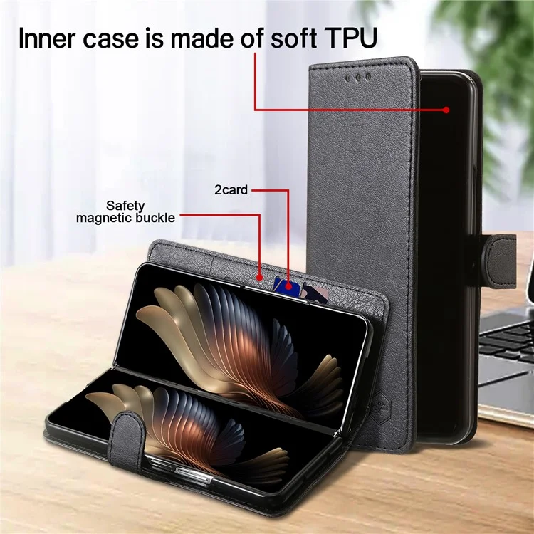 Para Samsung Galaxy Z Fold4 5G Case PU Leather Shockproof Case Solid Color Wallet Phone Cover - Black