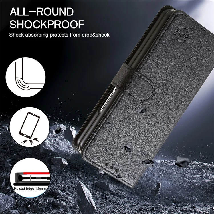 Para Samsung Galaxy Z Fold4 5G Case PU Leather Shockproof Case Solid Color Wallet Phone Cover - Black
