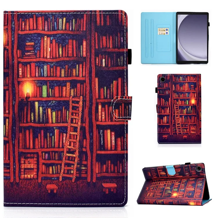 For Samsung Galaxy Tab A9+ PU Leather Case Pattern Printing Smart Tablet Cover with Pencil Holder - Bookshelf