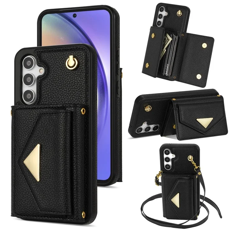 Para Samsung Galaxy A54 5G Case Card Holder Cell Phone PU Leather+TPU Cover com Alça de Ombro - Preto