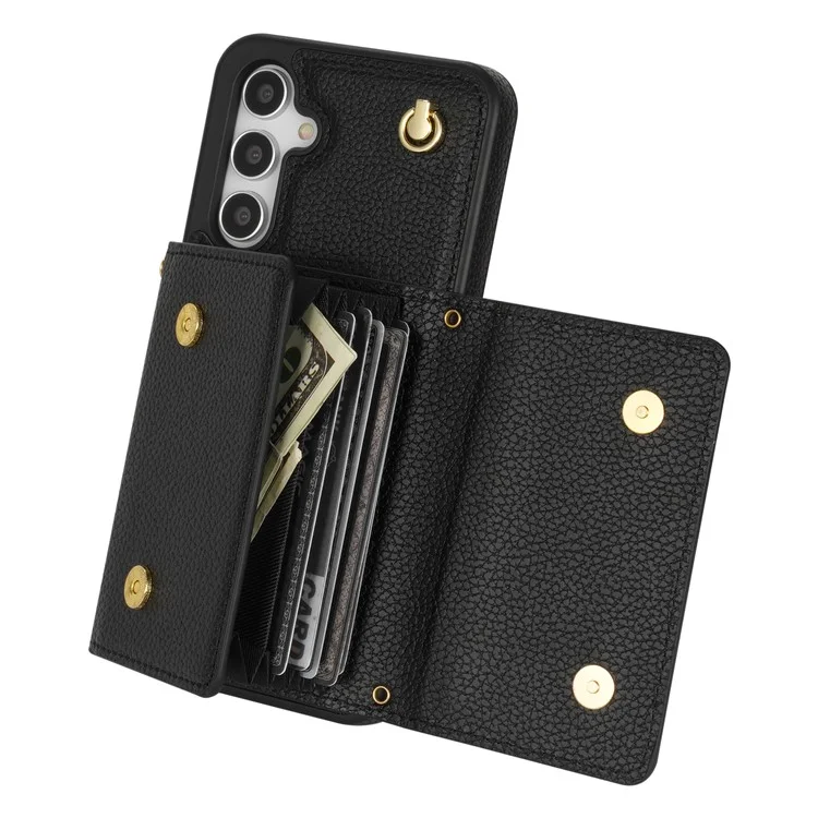 Para Samsung Galaxy A54 5G Case Card Holder Cell Phone PU Leather+TPU Cover com Alça de Ombro - Preto