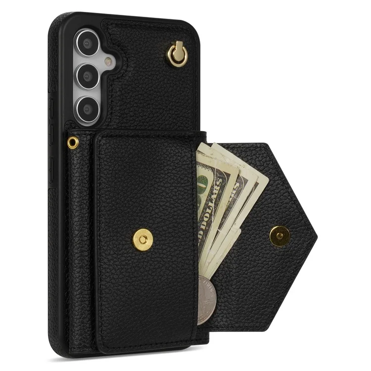 Para Samsung Galaxy A54 5G Case Card Holder Cell Phone PU Leather+TPU Cover com Alça de Ombro - Preto