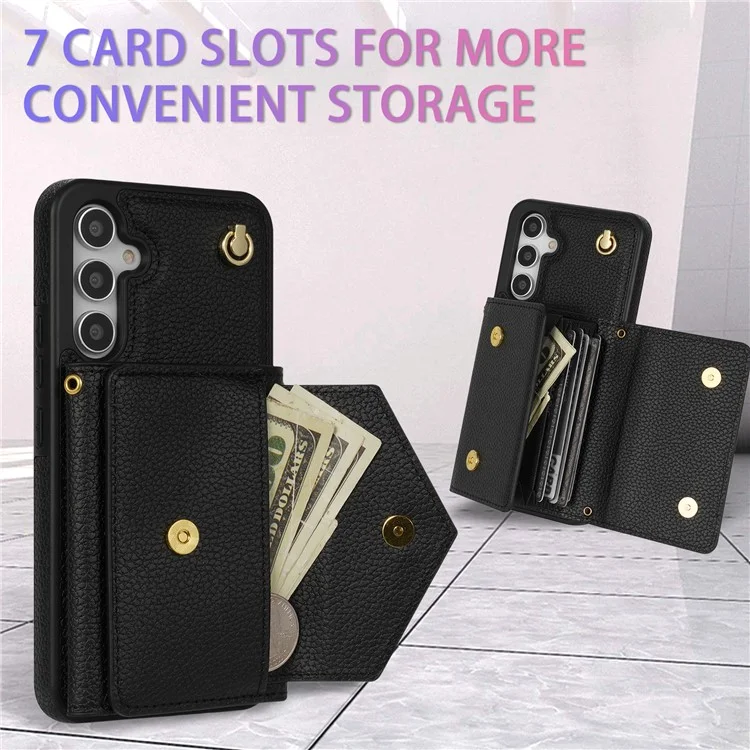 Para Samsung Galaxy A54 5G Case Card Holder Cell Phone PU Leather+TPU Cover com Alça de Ombro - Preto