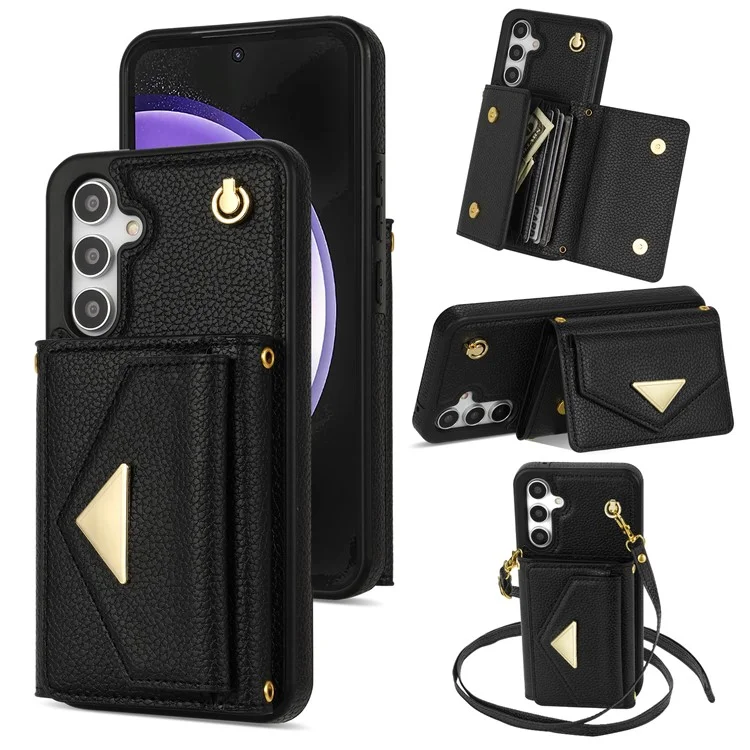 Para Samsung Galaxy S23 FE Case PU Leather+TPU Card Holder Kickstand Cover with Shoulder Strap - Preto