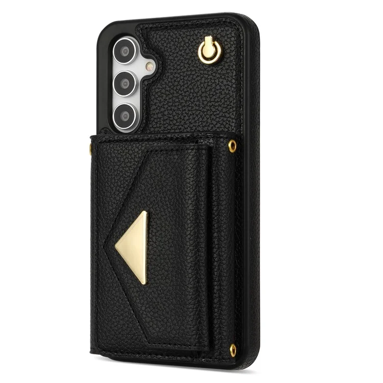 Para Samsung Galaxy S23 FE Case PU Leather+TPU Card Holder Kickstand Cover with Shoulder Strap - Preto