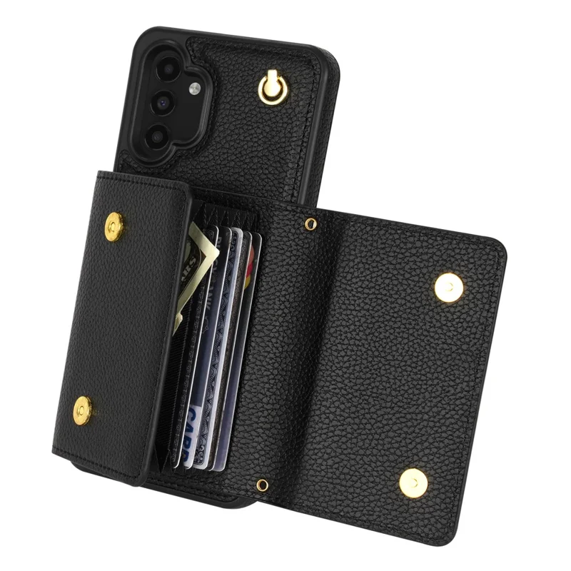 For Samsung Galaxy A13 4G / 5G Case Anti-fall PU Leather+TPU Card Holder Cover with Shoulder Strap - Black