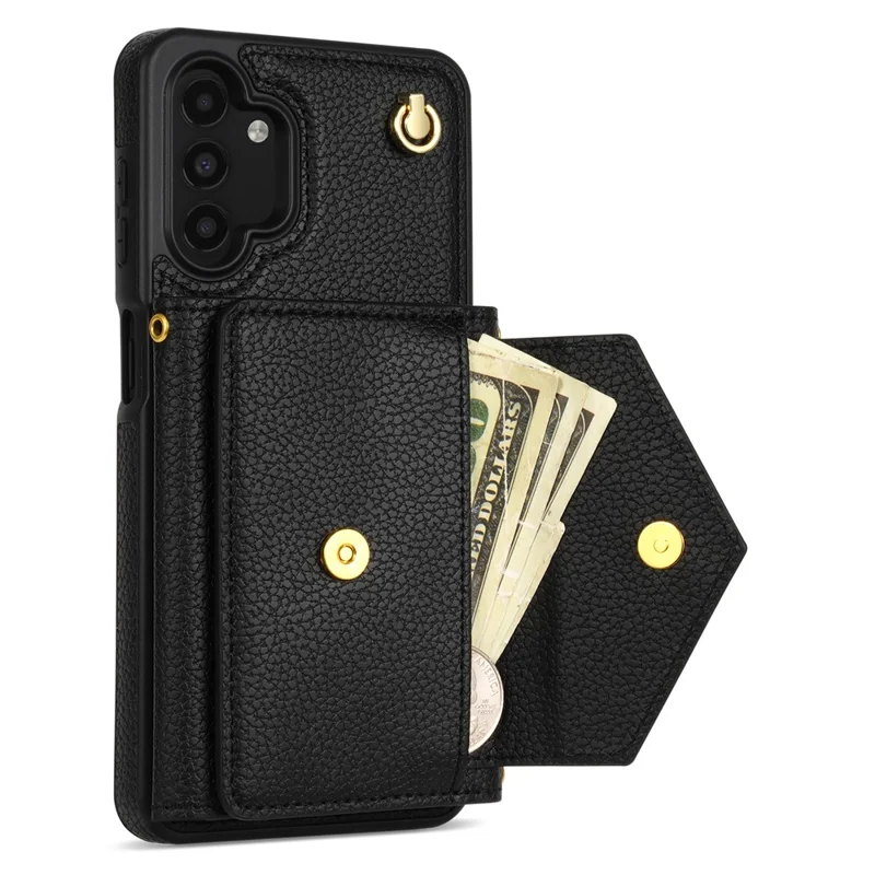 For Samsung Galaxy A13 4G / 5G Case Anti-fall PU Leather+TPU Card Holder Cover with Shoulder Strap - Black