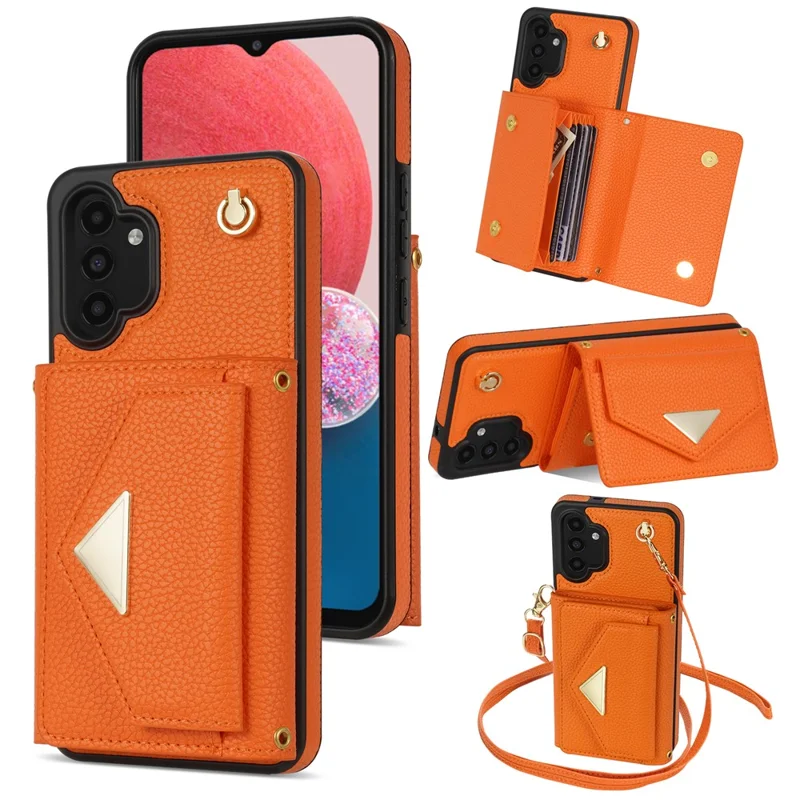 For Samsung Galaxy A13 4G / 5G Case Anti-fall PU Leather+TPU Card Holder Cover with Shoulder Strap - Orange