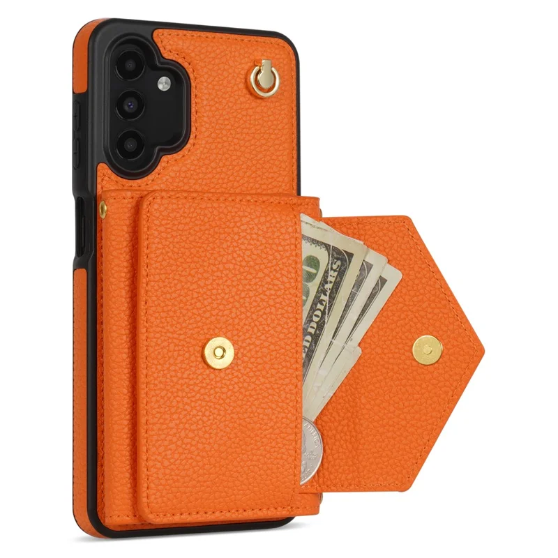 For Samsung Galaxy A13 4G / 5G Case Anti-fall PU Leather+TPU Card Holder Cover with Shoulder Strap - Orange
