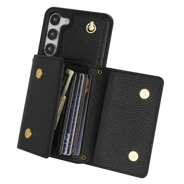 Für Samsung Galaxy S23 Case PU-Leder + TPU-Schale mit Kartenfach + Schultergurt - Schwarz