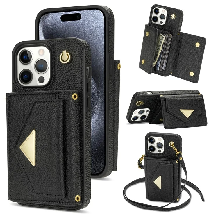 Para iPhone 15 Pro Max Case Shockproof PU Leather+TPU Shell com Bolsa de Cartão + Alça de Ombro - Preto