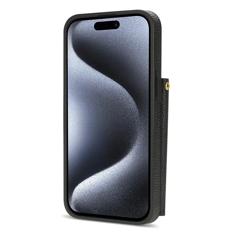 Para iPhone 15 Pro Max Case Shockproof PU Leather+TPU Shell com Bolsa de Cartão + Alça de Ombro - Preto