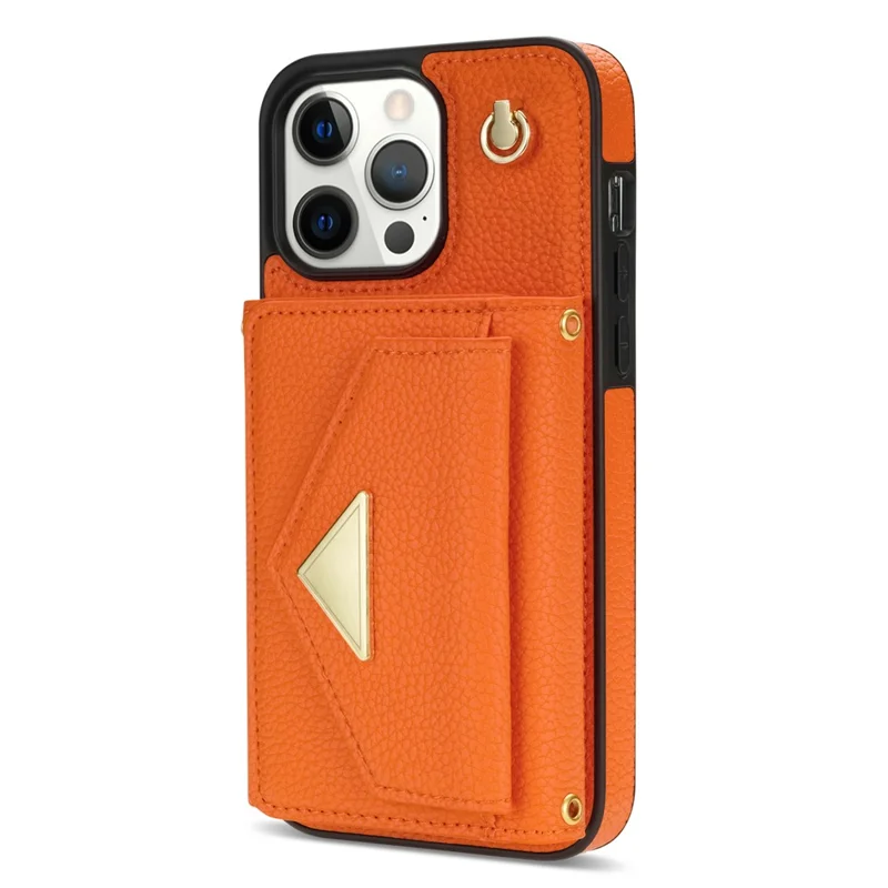 For iPhone 15 Pro Max Case Shockproof PU Leather+TPU Shell with Card Bag + Shoulder Strap - Orange
