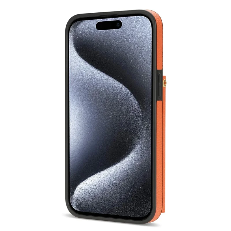 For iPhone 15 Pro Max Case Shockproof PU Leather+TPU Shell with Card Bag + Shoulder Strap - Orange