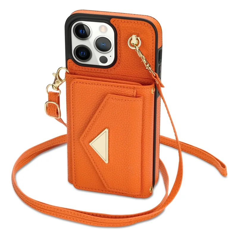 For iPhone 15 Pro Max Case Shockproof PU Leather+TPU Shell with Card Bag + Shoulder Strap - Orange
