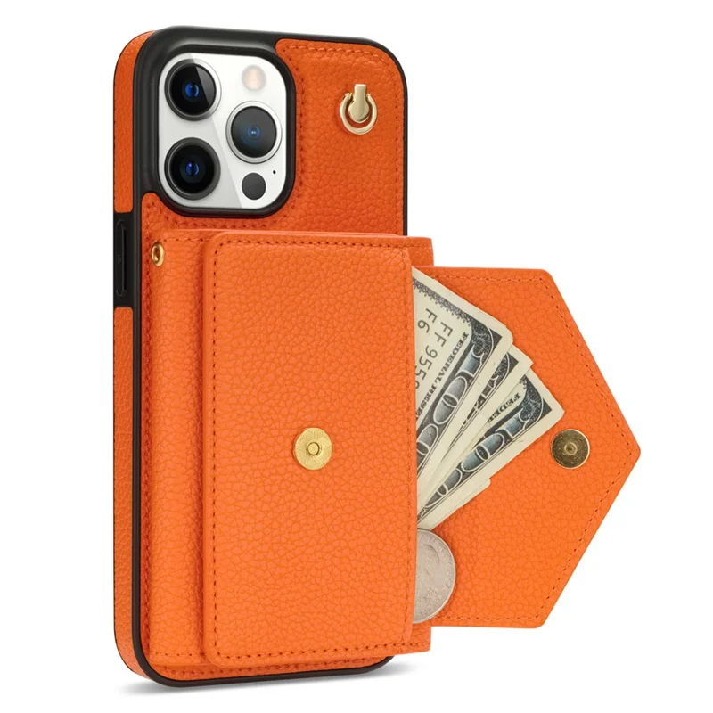 For iPhone 15 Pro Max Case Shockproof PU Leather+TPU Shell with Card Bag + Shoulder Strap - Orange