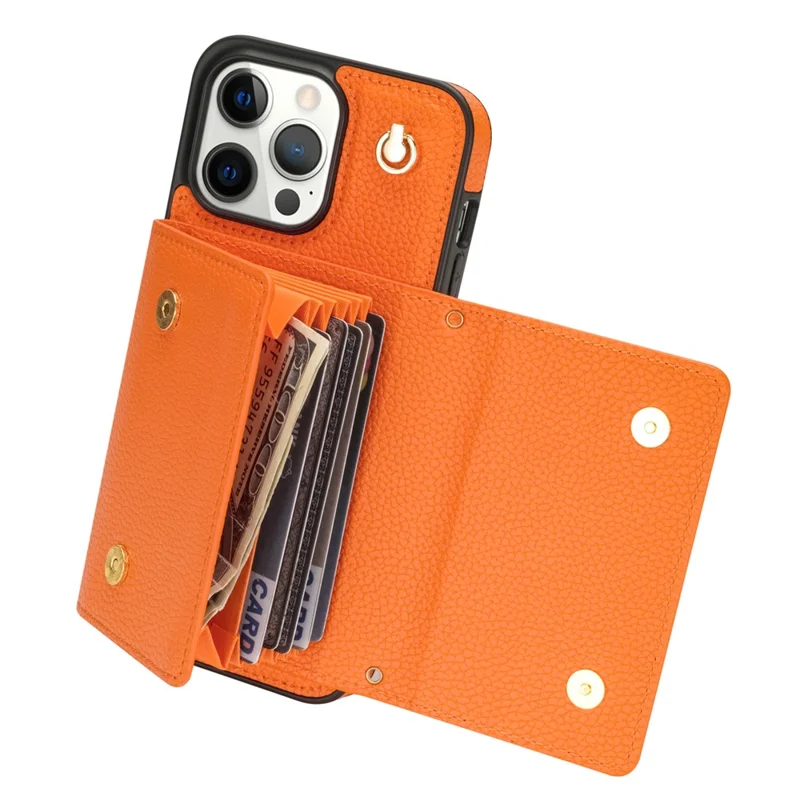 For iPhone 15 Pro Max Case Shockproof PU Leather+TPU Shell with Card Bag + Shoulder Strap - Orange