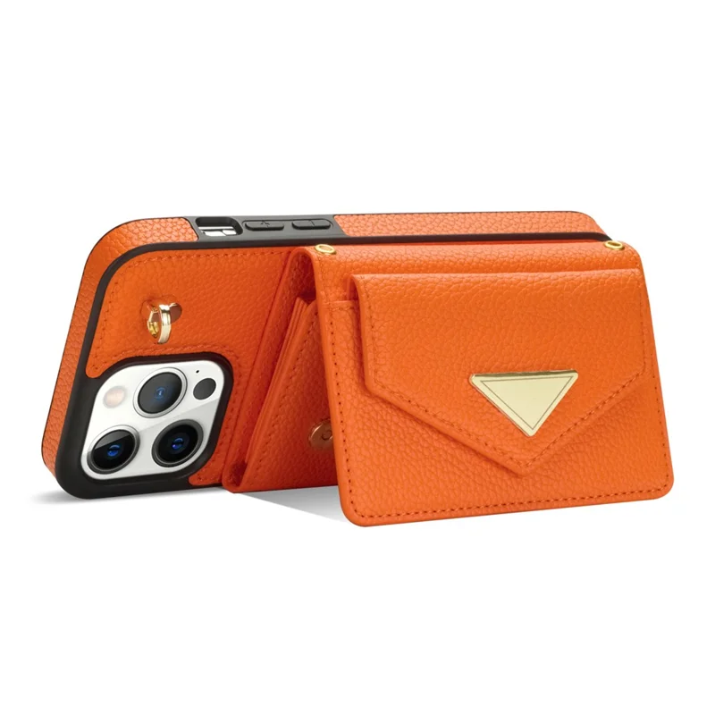 For iPhone 15 Pro Max Case Shockproof PU Leather+TPU Shell with Card Bag + Shoulder Strap - Orange