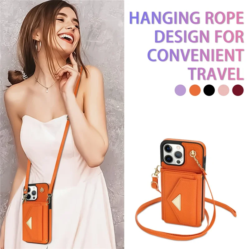 For iPhone 15 Pro Max Case Shockproof PU Leather+TPU Shell with Card Bag + Shoulder Strap - Orange
