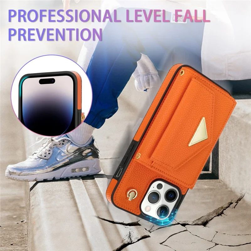 For iPhone 15 Pro Max Case Shockproof PU Leather+TPU Shell with Card Bag + Shoulder Strap - Orange