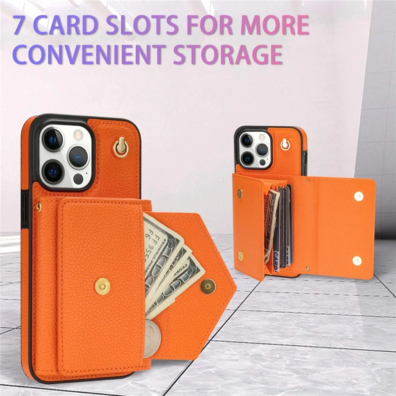 For iPhone 15 Pro Max Case Shockproof PU Leather+TPU Shell with Card Bag + Shoulder Strap - Orange