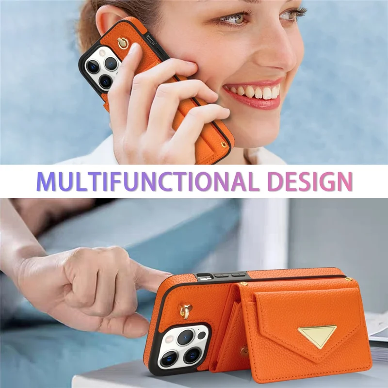 For iPhone 15 Pro Max Case Shockproof PU Leather+TPU Shell with Card Bag + Shoulder Strap - Orange