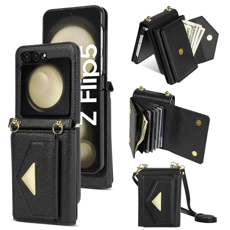 For Samsung Galaxy Z Flip5 5G Case Card Bag Design Leather+PC Cover with Shoulder Strap - Black