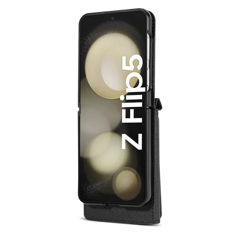 For Samsung Galaxy Z Flip5 5G Case Card Bag Design Leather+PC Cover with Shoulder Strap - Black