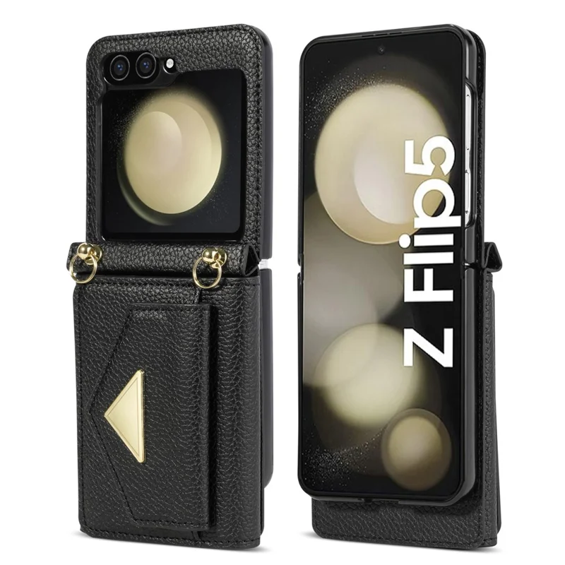 For Samsung Galaxy Z Flip5 5G Case Card Bag Design Leather+PC Cover with Shoulder Strap - Black