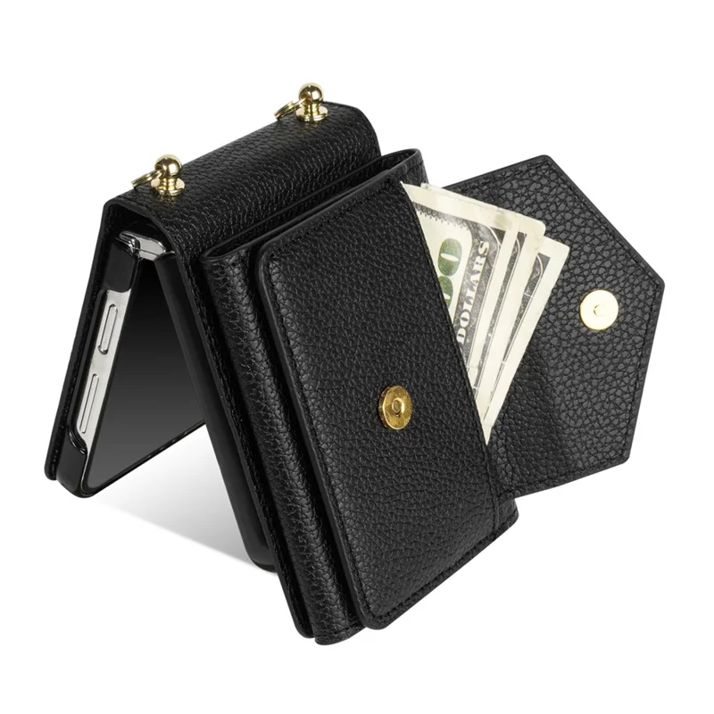 For Samsung Galaxy Z Flip5 5G Case Card Bag Design Leather+PC Cover with Shoulder Strap - Black