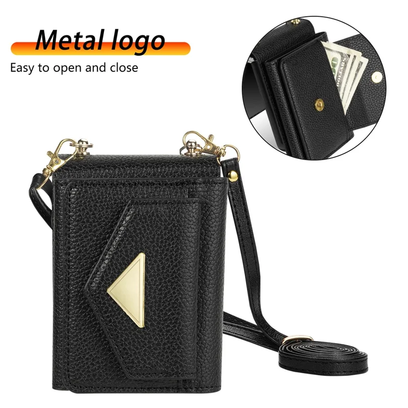 For Samsung Galaxy Z Flip5 5G Case Card Bag Design Leather+PC Cover with Shoulder Strap - Black