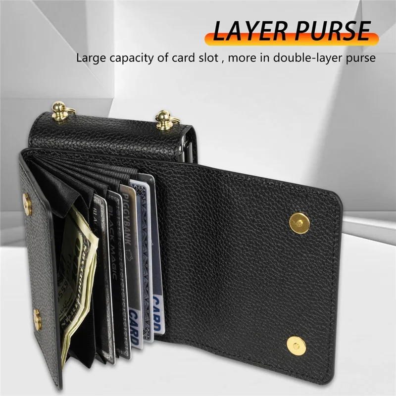 For Samsung Galaxy Z Flip5 5G Case Card Bag Design Leather+PC Cover with Shoulder Strap - Black