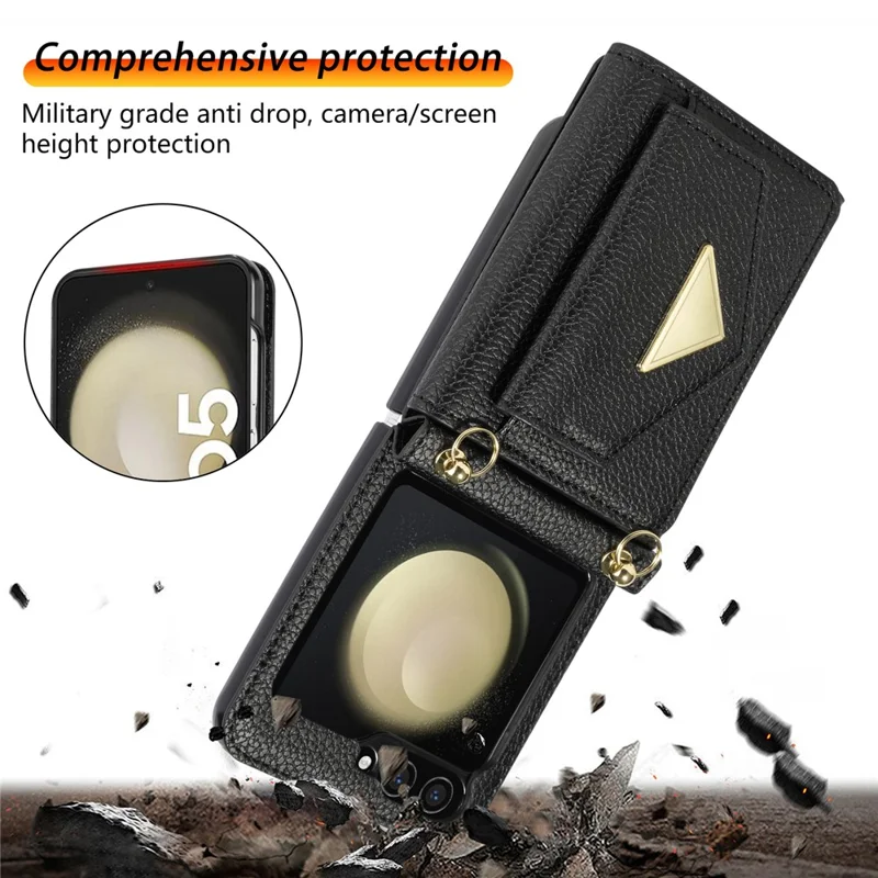 For Samsung Galaxy Z Flip5 5G Case Card Bag Design Leather+PC Cover with Shoulder Strap - Black