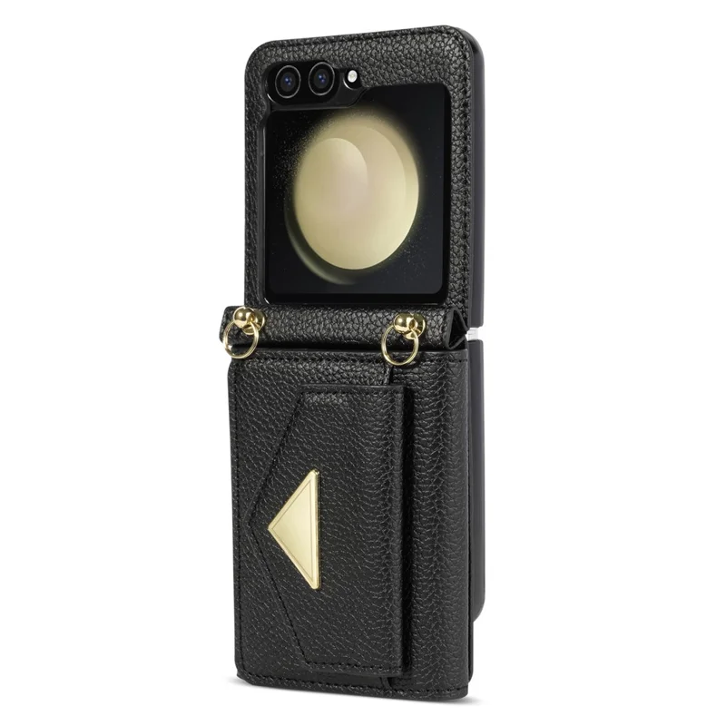 For Samsung Galaxy Z Flip5 5G Case Card Bag Design Leather+PC Cover with Shoulder Strap - Black