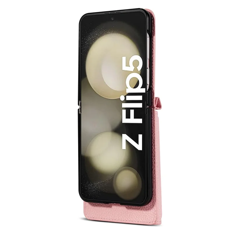 For Samsung Galaxy Z Flip5 5G Case Card Bag Design Leather+PC Cover with Shoulder Strap - Pink