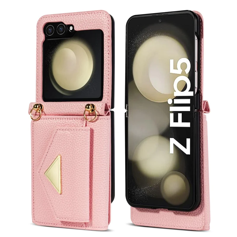 For Samsung Galaxy Z Flip5 5G Case Card Bag Design Leather+PC Cover with Shoulder Strap - Pink