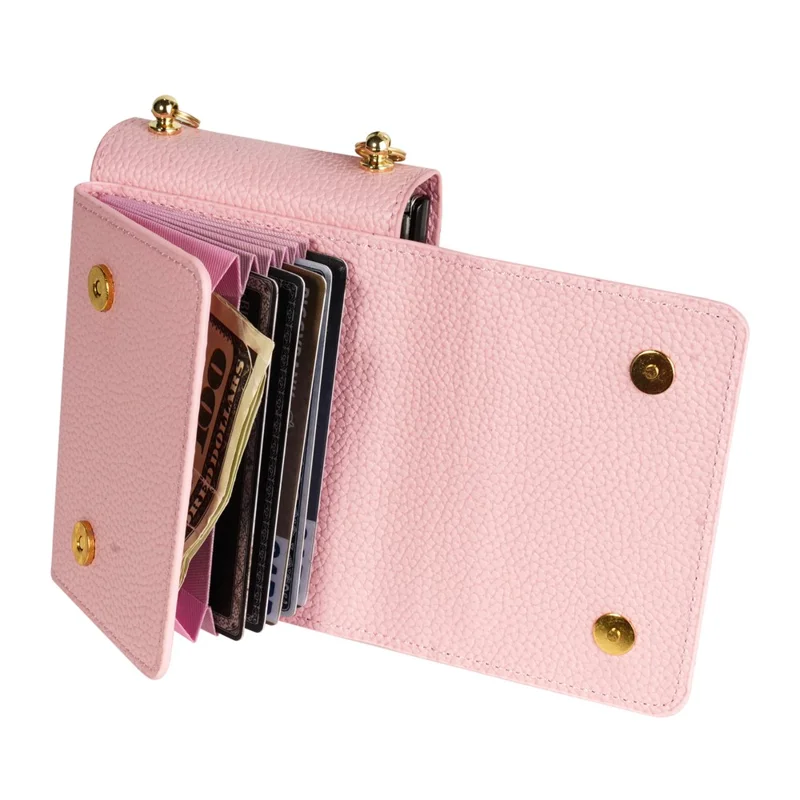 For Samsung Galaxy Z Flip5 5G Case Card Bag Design Leather+PC Cover with Shoulder Strap - Pink