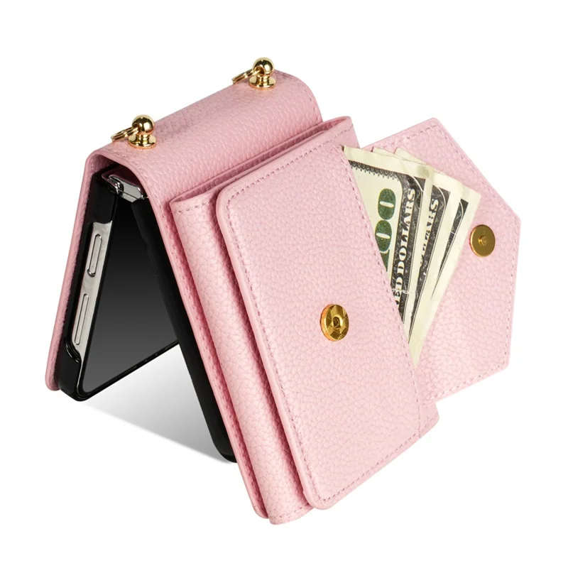 For Samsung Galaxy Z Flip5 5G Case Card Bag Design Leather+PC Cover with Shoulder Strap - Pink