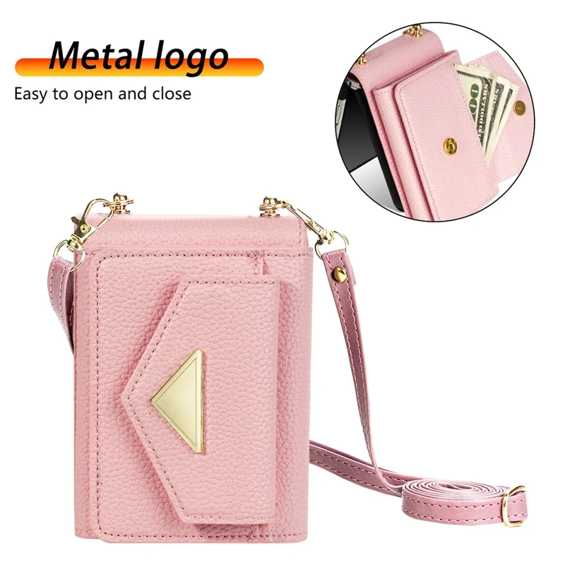 For Samsung Galaxy Z Flip5 5G Case Card Bag Design Leather+PC Cover with Shoulder Strap - Pink