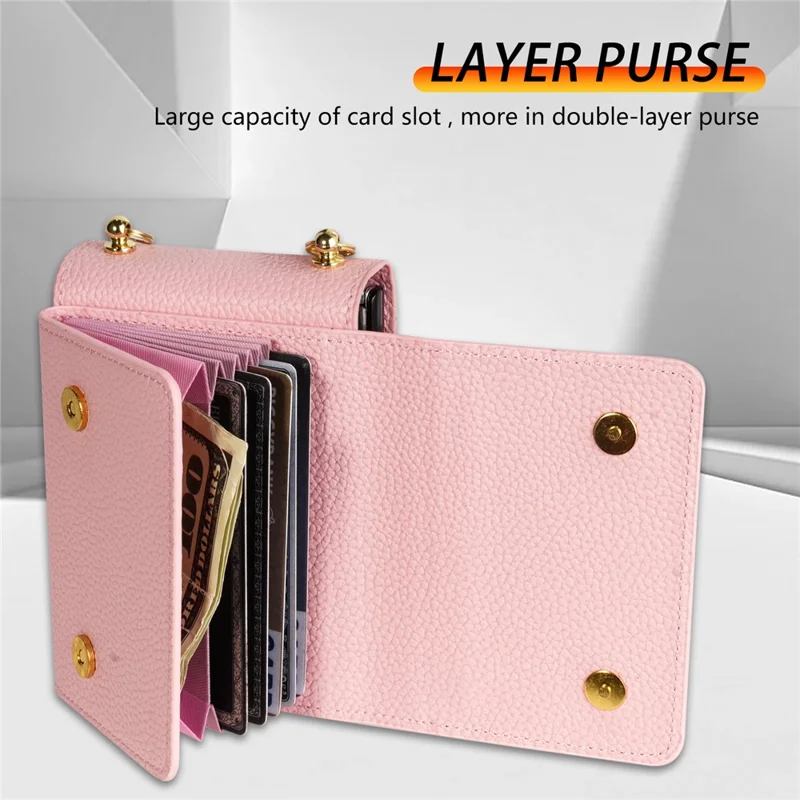 For Samsung Galaxy Z Flip5 5G Case Card Bag Design Leather+PC Cover with Shoulder Strap - Pink